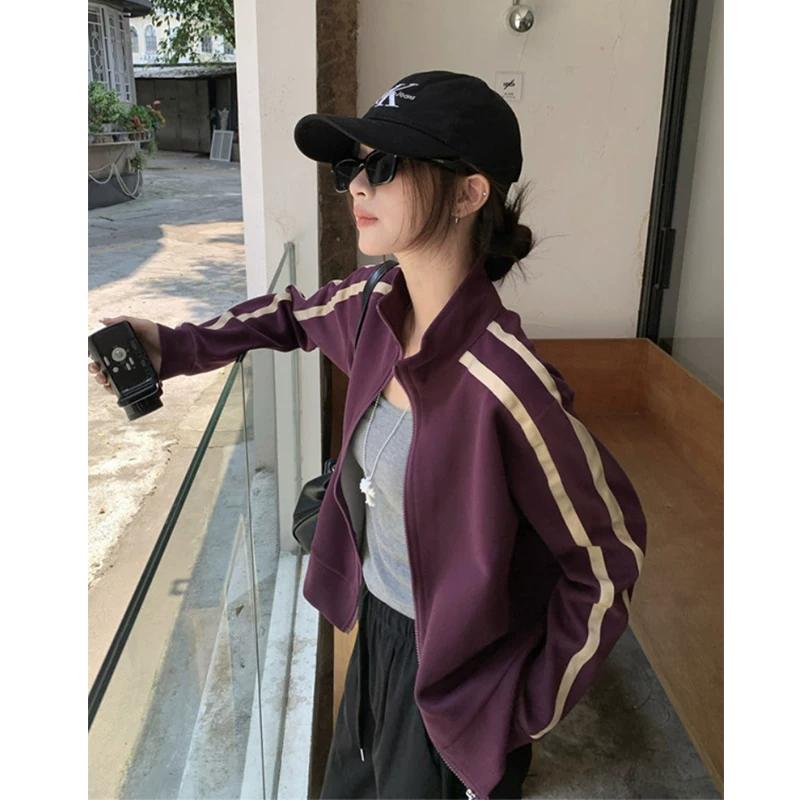

American Retro Purple Casual Outwear Female Spring & Fall Contrast Color Stand-up Collar Short Cardigan Athleisure Casual Baseball Top XL фиолетовый
