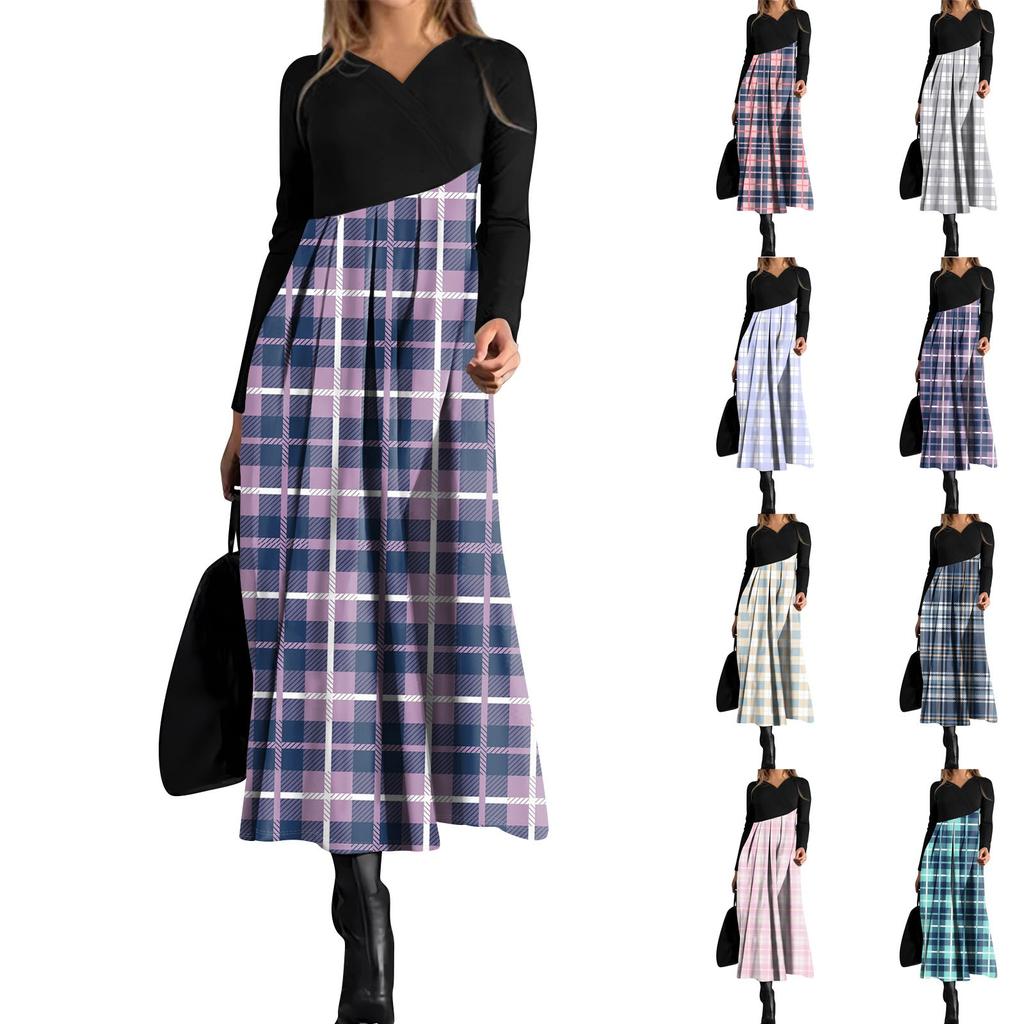 Women's Casual V-neck Long Sleeved Dress With Checkered Print, Waist Cinching Pocket, And Large Swing Dress