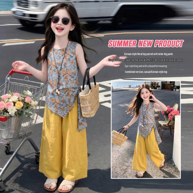 Mädchen-Tanktop mit Blumenmuster, ärmellos, und Hose mit weitem Bein, Set (Sommer 2026) - Stylisches zweiteiliges Set für ältere Kinder