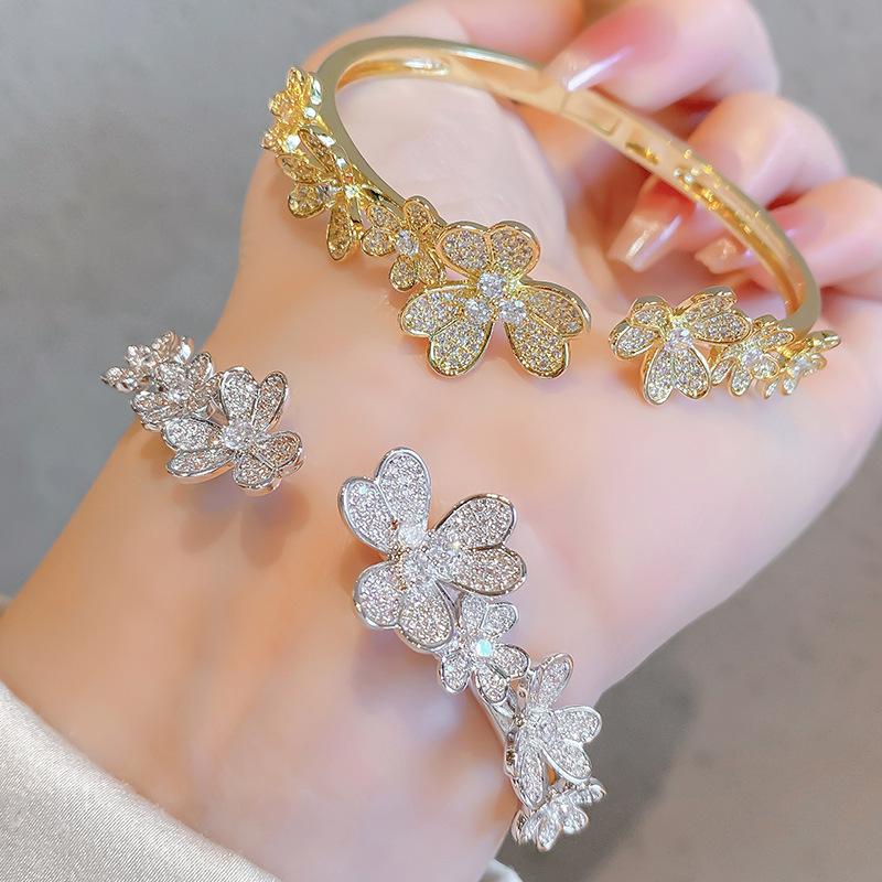 Three Flowers Full Zirconium Opening Bracelet Women's Three Leaves Inlaid Zirconium Bracelet Opening Bracelet