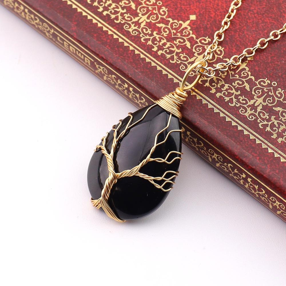 Natural Stone Crystal Agate Water Drop Winding Silk Tree Of Life Pendant Necklace Sweater Chain Water Drop Rough Stone N781