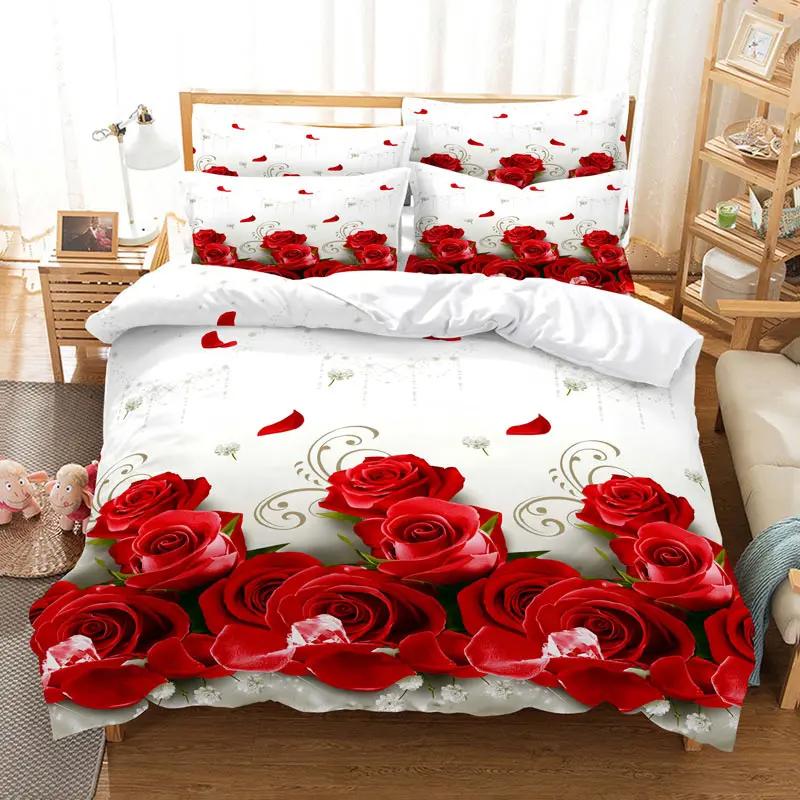 Comforter Red Rose Twin King Size Romantic Floral Bedding Set Flower Comforter With 2 For Valentine'S Day