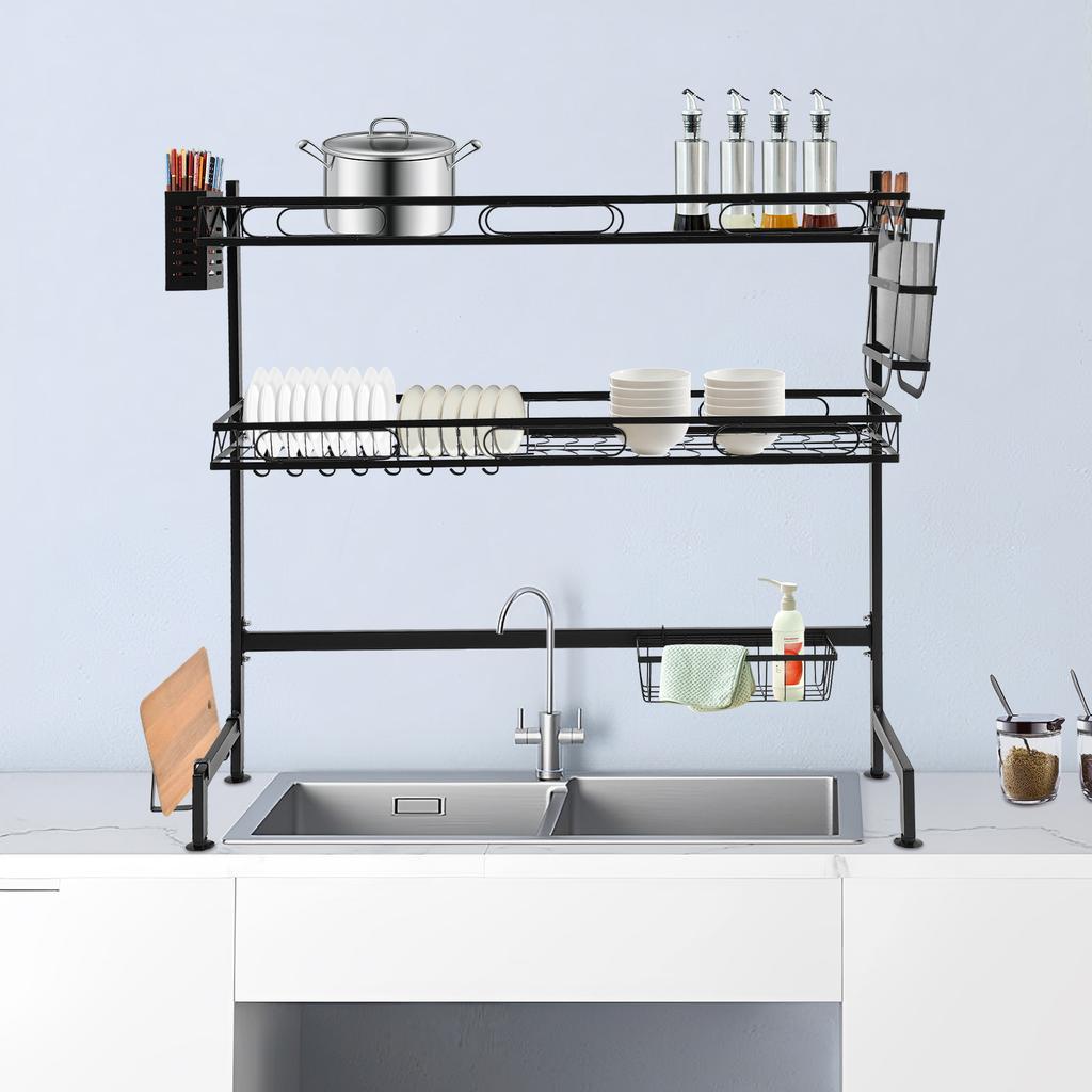 2-Tier Over Sink Dish Drying Rack with Cutlery Holder, Extra-Large 32 Inch Kitchen Counter Organizer, Draining Board for Dishes