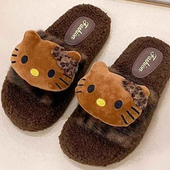 Women's Cute Leopard Print Fuzzy Cat Slippers – Cozy Winter Cotton Slide with Thick Sole