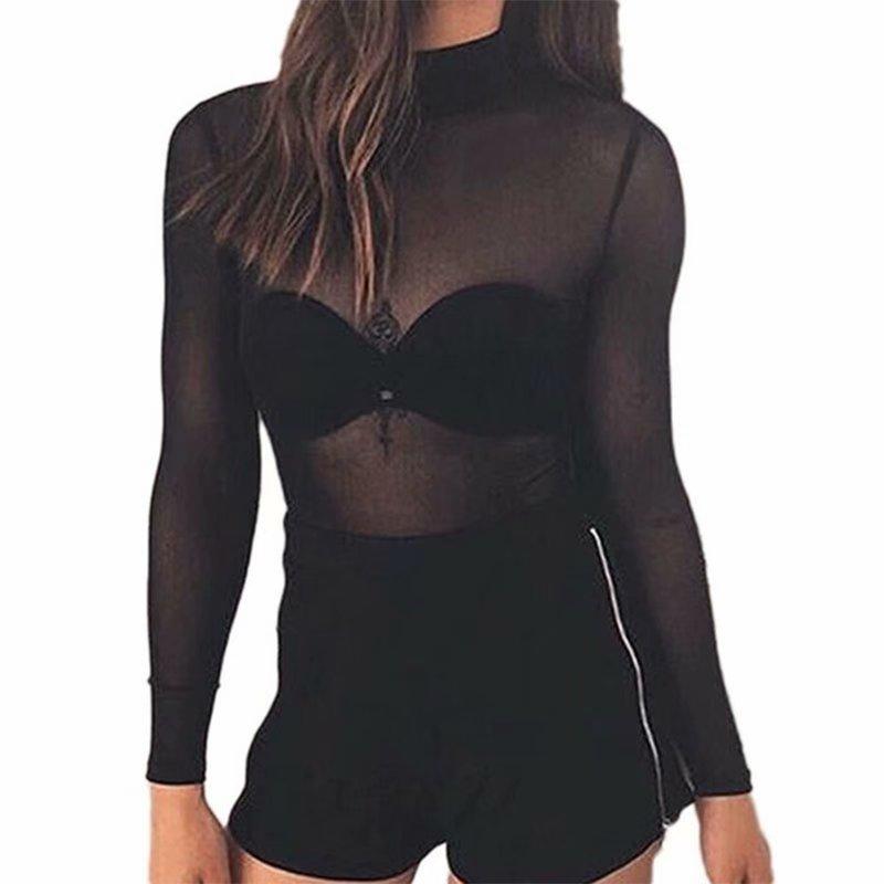 Womens See Through Long Sleeve High Neck Arm Shaper Top Mesh Blouse Casual T-Shirt