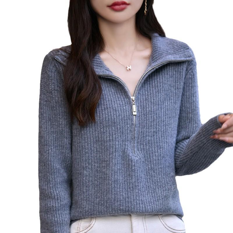 Women's Half-Zip Pure Wool Sweater - Stylish Loose-Fit Autumn Knit Top