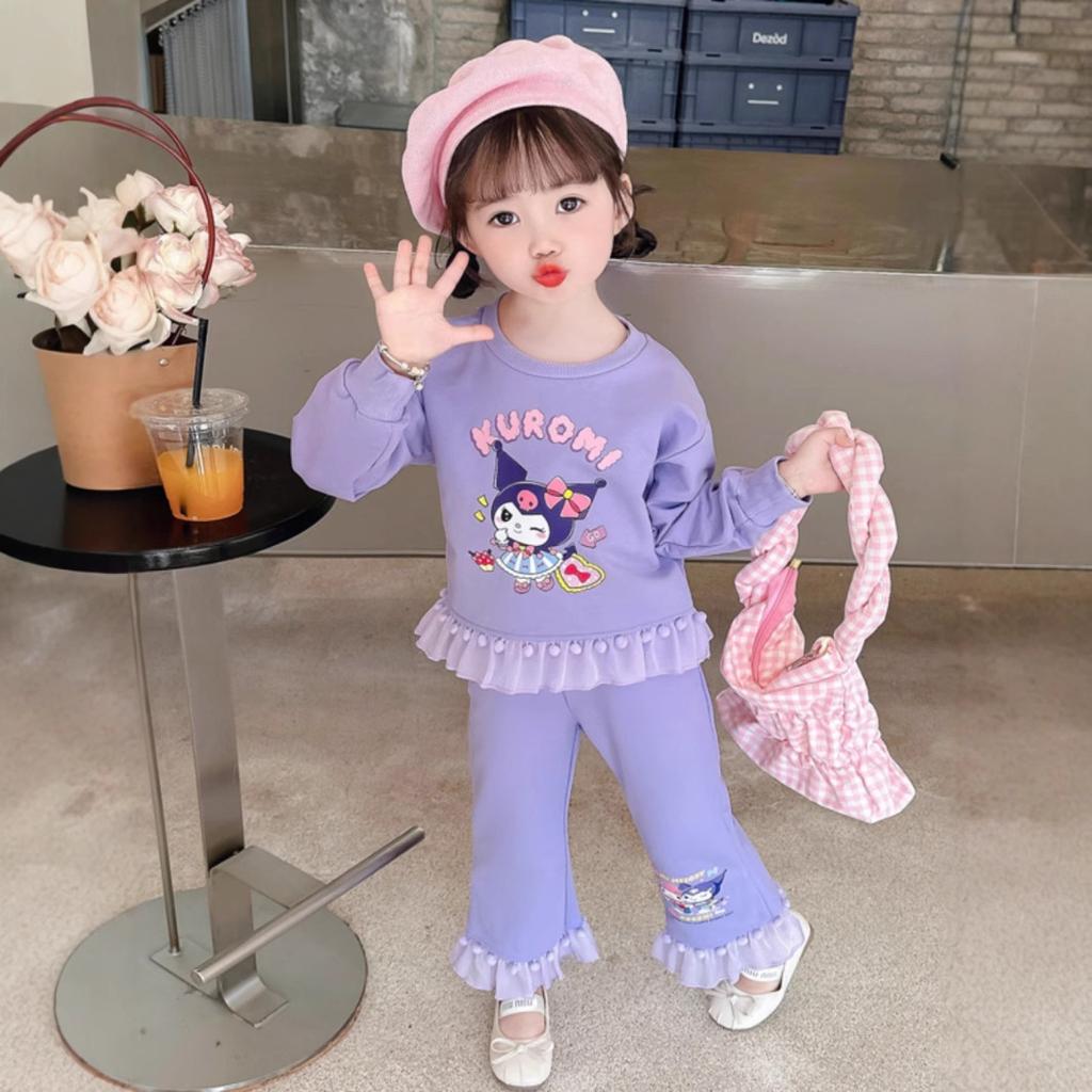 Girls Spring Autumn Ruffled Long Sleeve Sweatshirt Two Piece Set with Cartoon Print