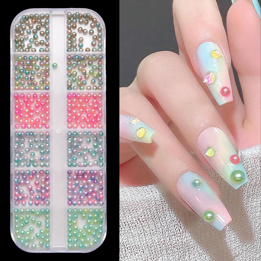 12-Grid Colorful Pearl Nail Art Decorations: Mixed-Size, Full/Half Round, Flat-Back Pearls for DIY.