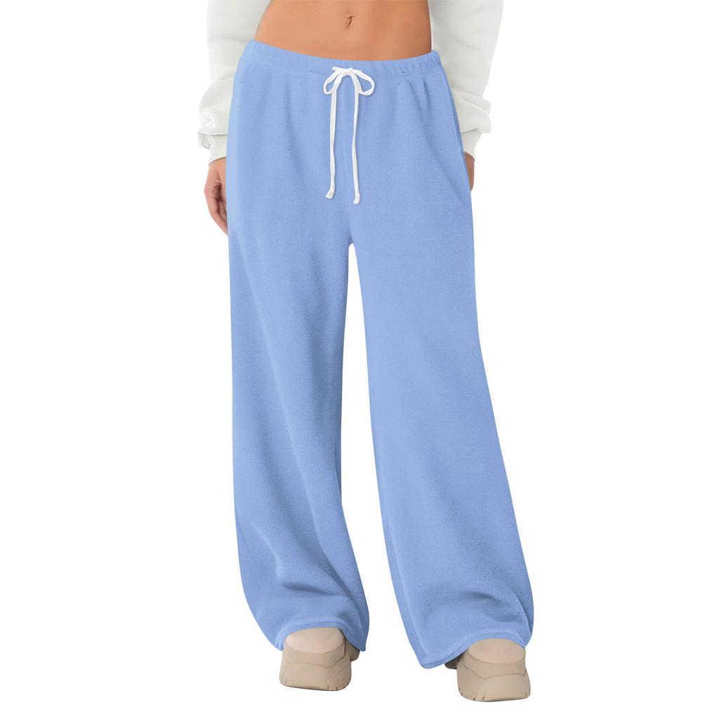 Women's Fleece Wide Leg  Elastic Waist Drawstring Loose Pants Drawstring Pajama Pants Sleepwear Trousers