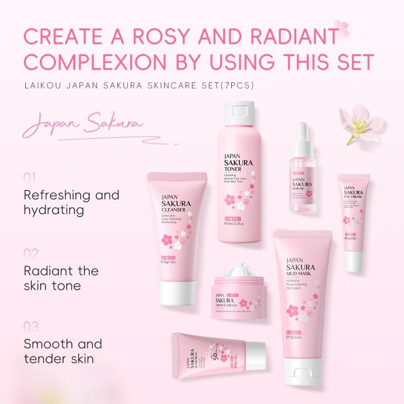 LAIKOU Japan Sakura Skin Care 7-pieces set, Face Cleanser Toner Serum Cream Mud Mask Sunscreen Eye Cream