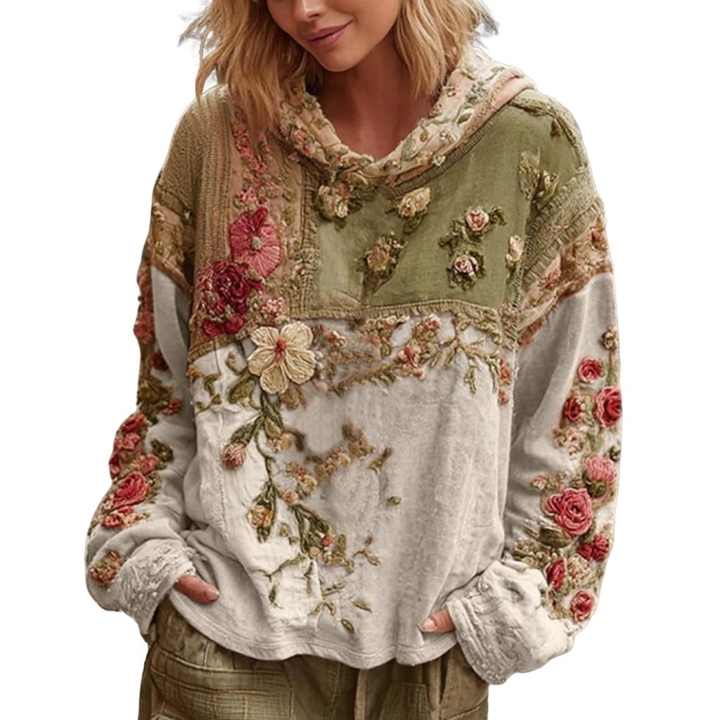 Dámská móda Dlouhý rukáv S kapucí Vintage Patchwork Květinový potisk Ležérní mikina Top