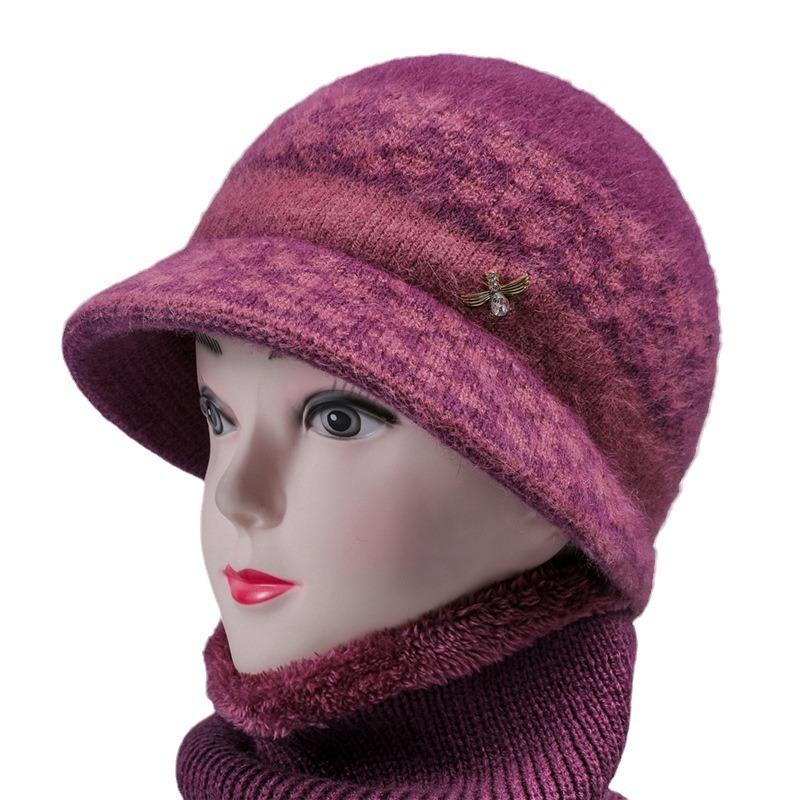 Winter hat women's fleece thickened thermal ear protection hat big brim old lady knitted wool hat