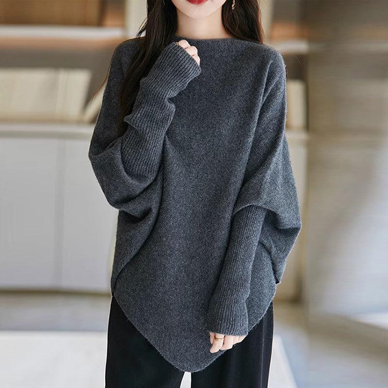 2026 Korean Style Loose Knit Sweater: Soft, Irregular Round Neck, Solid Color, Autumn Women's Top.