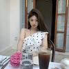 Design polka dot ruffle edge T-shirt slanted shoulder shirt women's irregular one-word shoulder royal sister style top