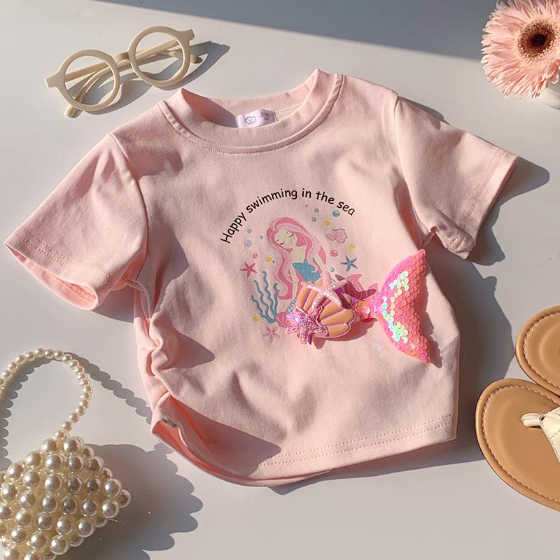 

Girls Casual Cotton Short-sleeved T-shirt, Summer Children s Princess Mermaid Print T-shirt 90cm