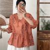 Johnature Spring Print Floral Shirts Women V-Neck Half Sleeve Tops Belt Loose Chinese Style Women Shirts