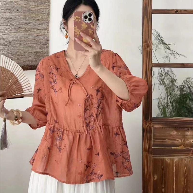 Johnature Spring Print Floral Shirts Women V-Neck Half Sleeve Tops Belt Loose Chinese Style Women Shirts