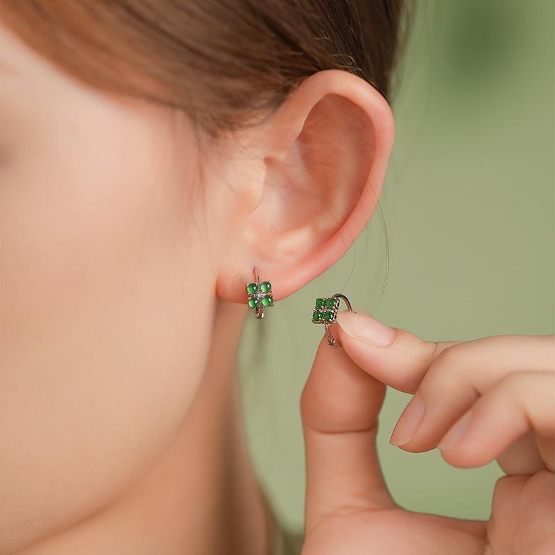 Natural dangerous material jadeite green sterling silver s925 earrings women, fashion temperament niche design advanced
