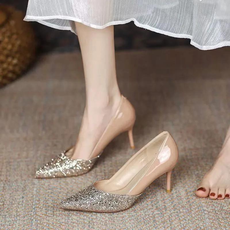 Fashion Women's Thin Heel Shoes Fall New Pointy Head Shallow Mouth Sequin A Slip-on Temperament High Heels  Pumps