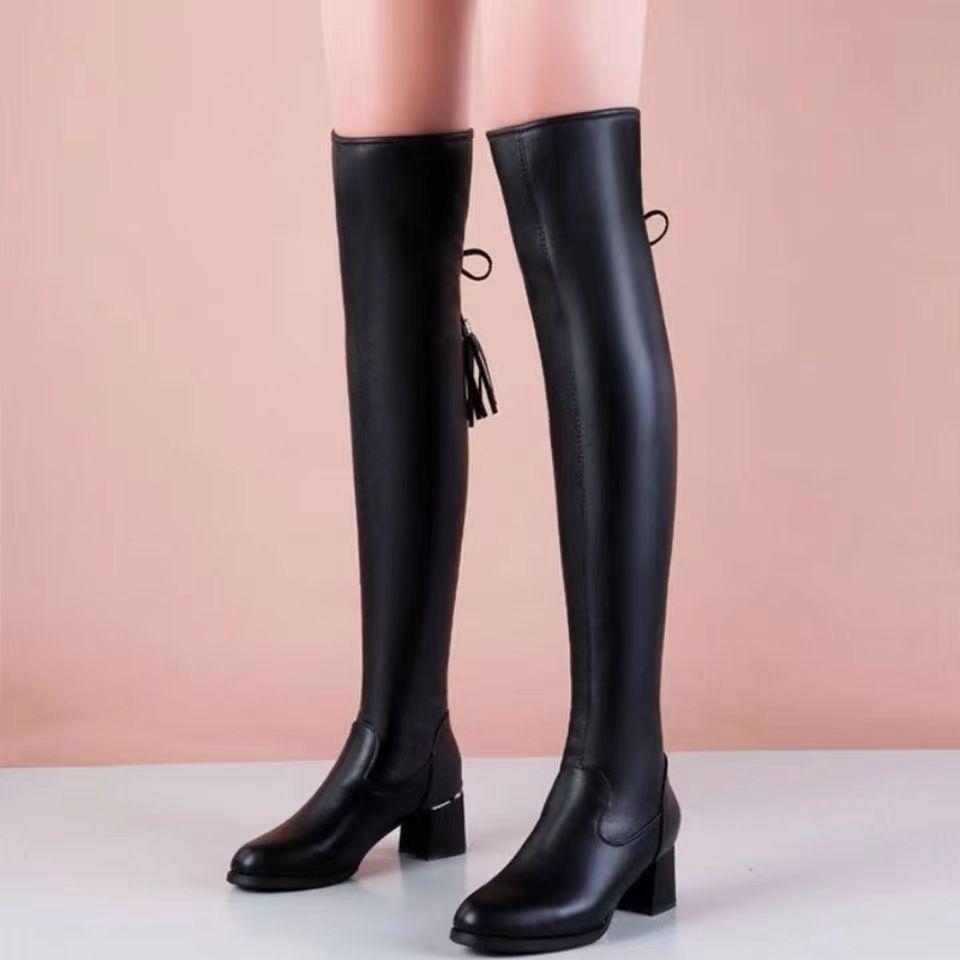 Women's Soft Leather Knee-High Stretch Boots, Fleece-Lined for Autumn/Winter, Fashion Chunky Heel Over-the-Knee Boots