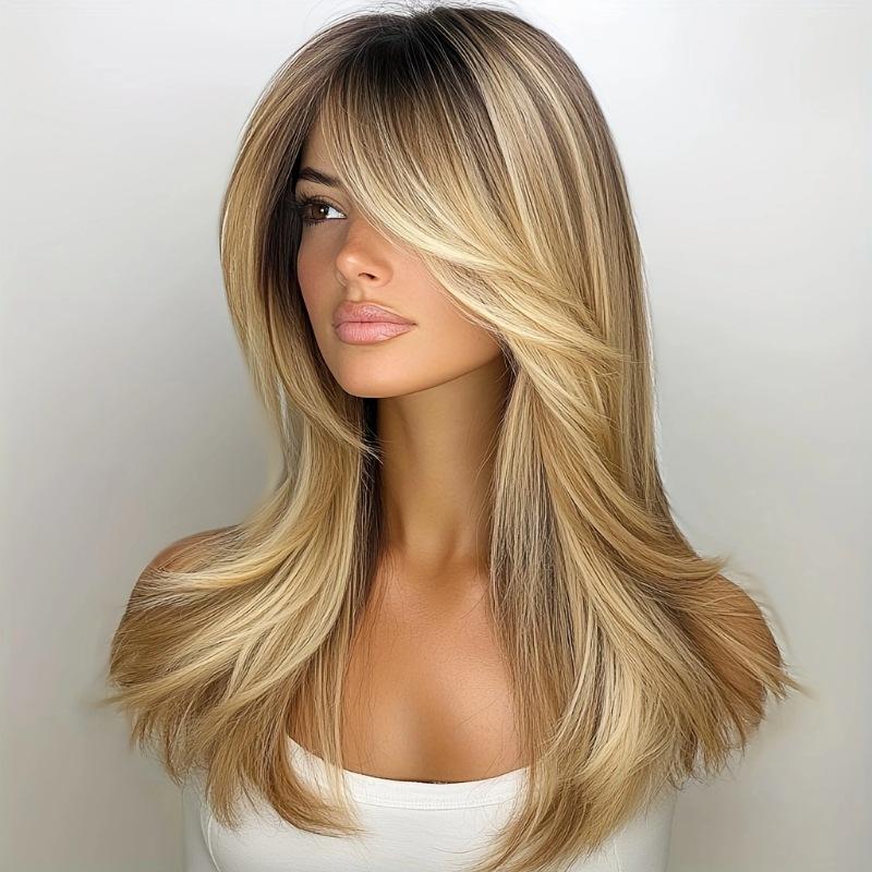 Women Medium Length Wave Hair with Bangs Synthetic Golden Brown Blonde Wigs Heat Resistant Fibre for Daily Cosplay