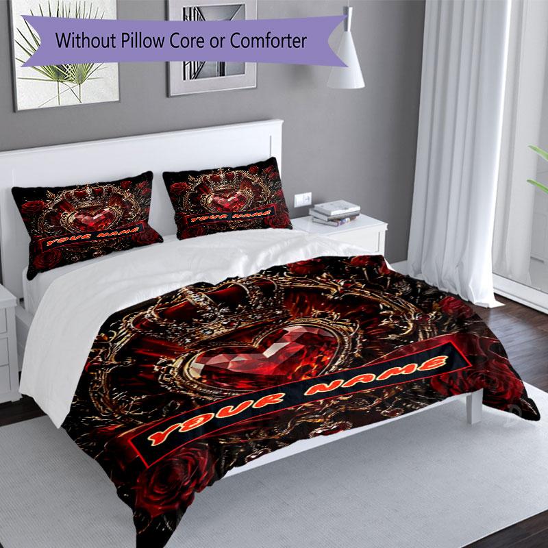 3PC Custom Name Royal Heart Crown Bedding Set Duvet Cover Closure Includes 1 Duvet Cover & 2 Pillowcases for Bedroom