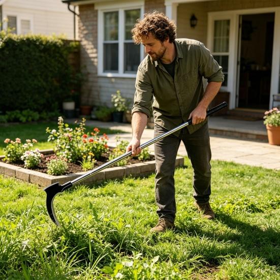 Sichel-Unkrautstecher Langstiel Manuelles Unkrautvernichtungswerkzeug mit Doppelklingenkopf Gartenhandwerkzeug zum Jäten Ernte auf dem Bauernhof Entfernen von Ranken