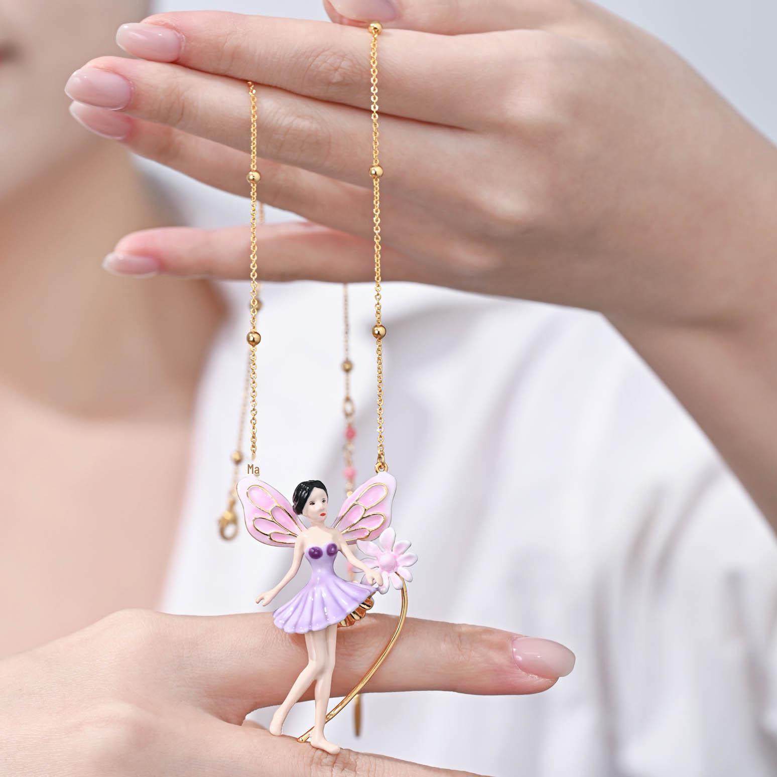 Модное фиолетовое эмалированное ожерелье-фея с балетной юбкой и подвеской-цветком