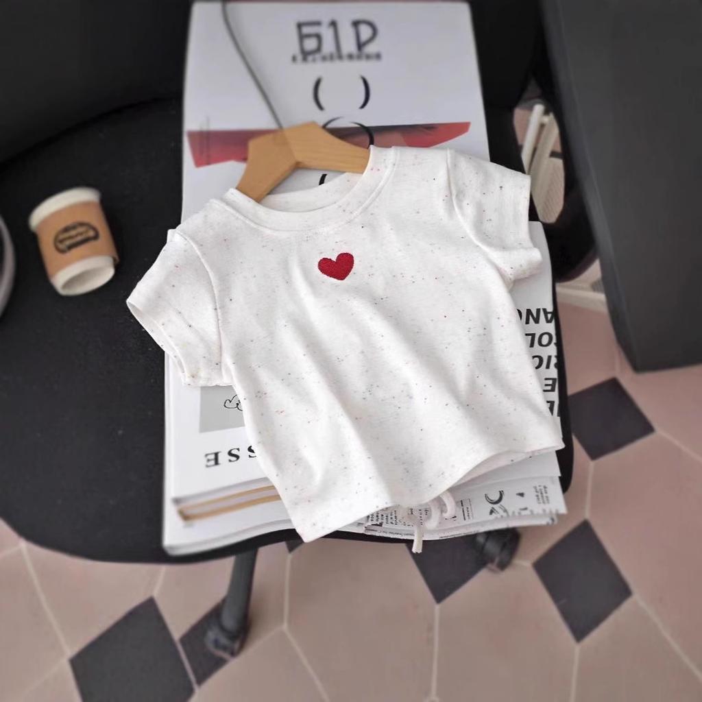 Toddler Kids Speckled Cream Crew Neck Tee, Cute Red Heart Chest Embroidery Side Adjustable Drawstring Hem Soft Knit Short Sleeve Summer Top