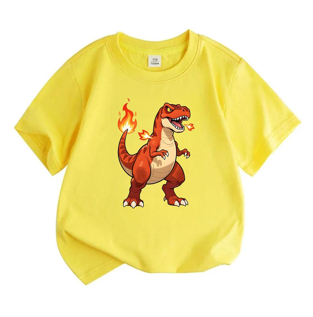 Kids Boys Girls Crew Neck Short Sleeve 100% Cotton T-Shirt, Cute Angry Fire Dinosaur Print Casual Tees for Children Daily Wear Summer Tops