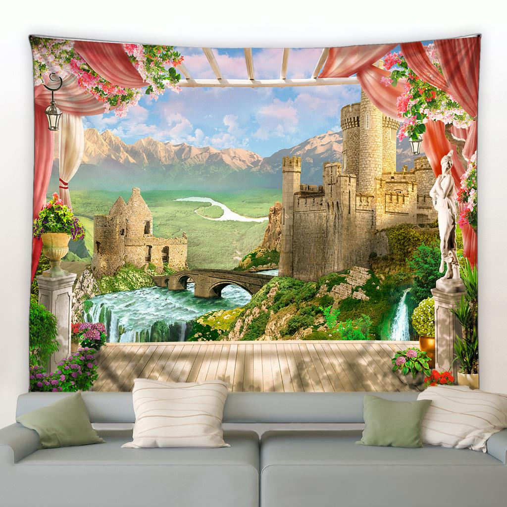 Schloss Boho Druck Schlafzimmer Raumdekoration Decke Bogenförmiges Steintor Turm Großer Wandteppich Wandbehang