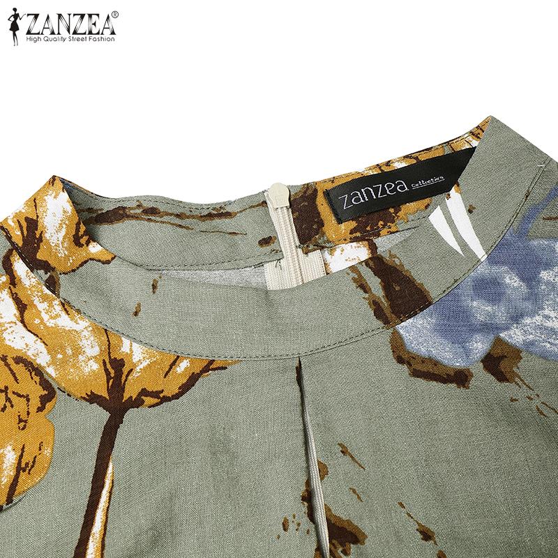 ZANZEA Damen Lässig Rundhals Rüschen Kurzarm Sommer Druckkleid