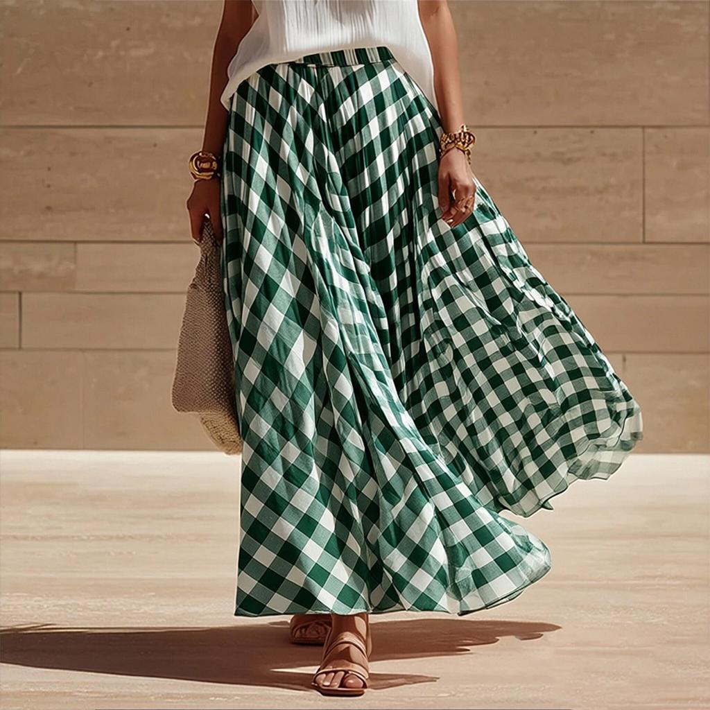 Women's High Waist Pleated A Line Long Skirt Plaid Flowy Midi Skirt with Elastic Waistband for Casual Wear