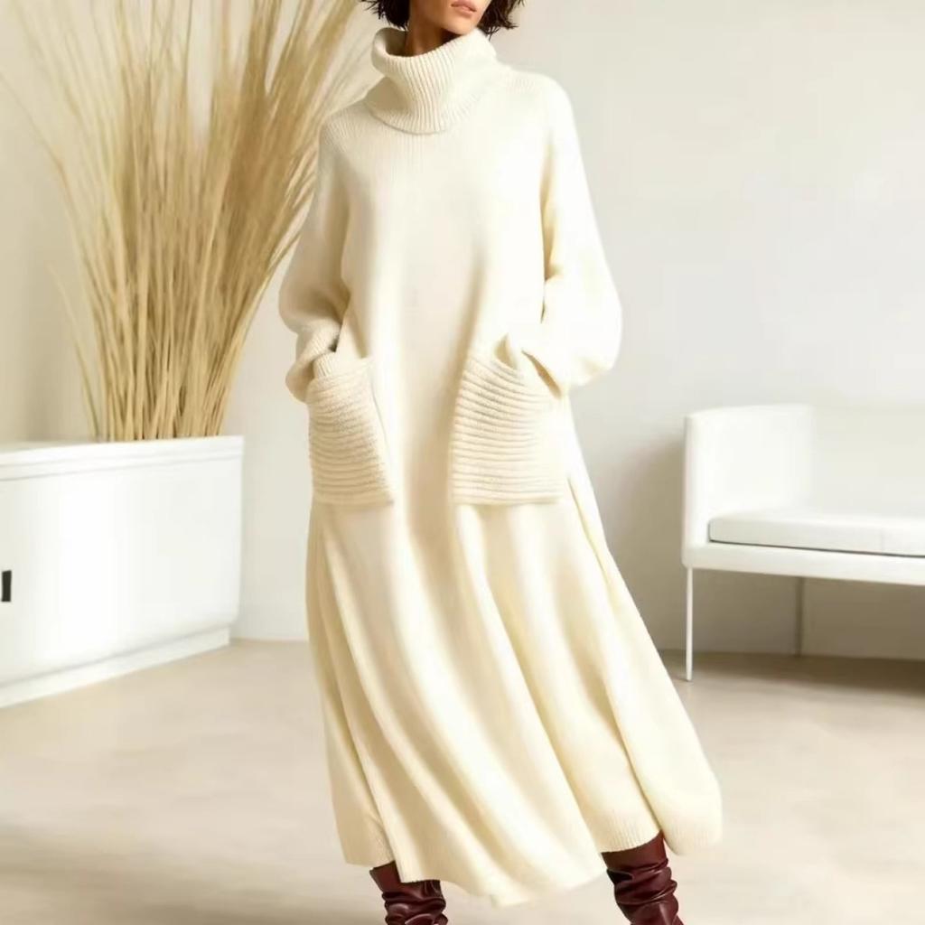 New European American Style Turtleneck Knit Dress Loose With Pockets