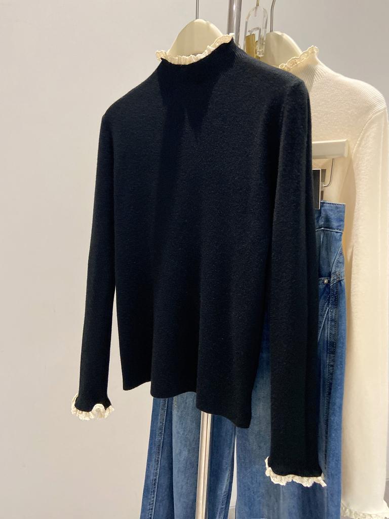 Dopamine semi-turtleneck lace top women's soft waxy knitted sweater autumn and winter slim and thin inner long-sleeved backing sweater