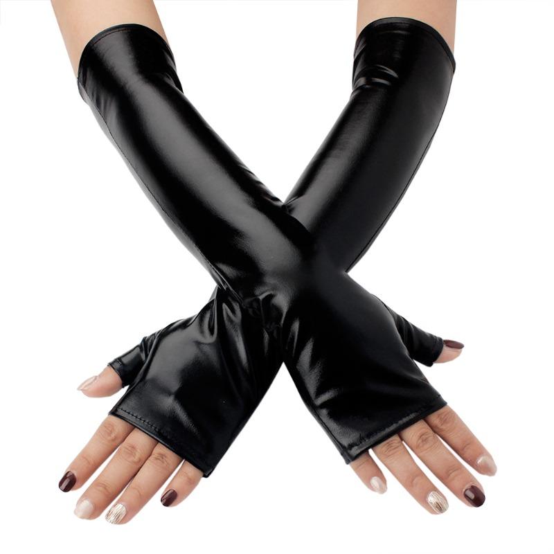 Meier Halloween patent leather sexy fingerless long gloves punk dress party gloves One size fits all