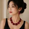 Wine Red Stud Earrings Resin Neck Chain Retro Necklace Earrings Set  for Women