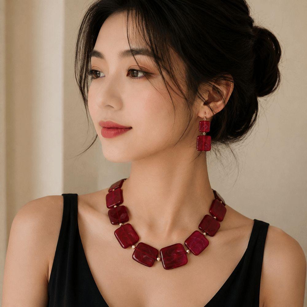 Wine Red Stud Earrings Resin Neck Chain Retro Necklace Earrings Set  for Women