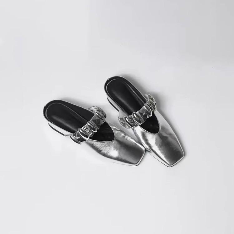 French temperament bag head shoes, women's one-pedal metal buckle square head half slippers, genuine leather inner height-increasing sandals