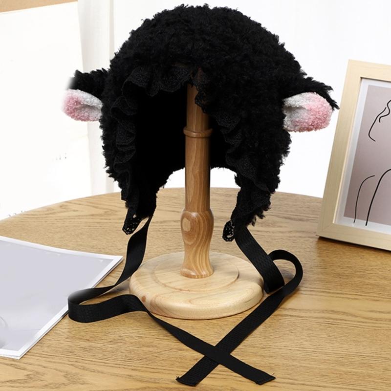 Furry Cartoon Head Cover with Ear for Outdoor Sports Furry Hat Bonnet Lamb Oversized Headgear Hat for Winter