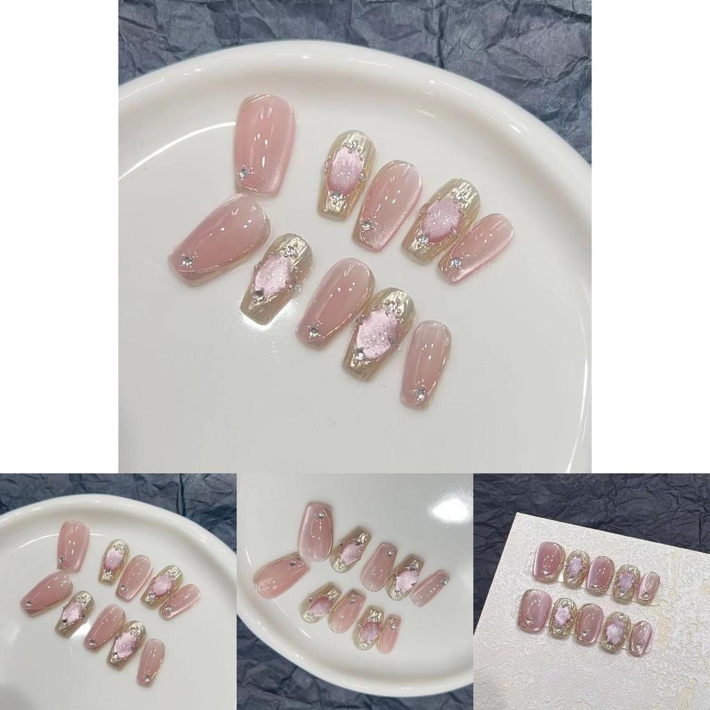 Handcrafted False Nails Pink Color Cat Eye Design 375 Goddess Girl Long T Xs