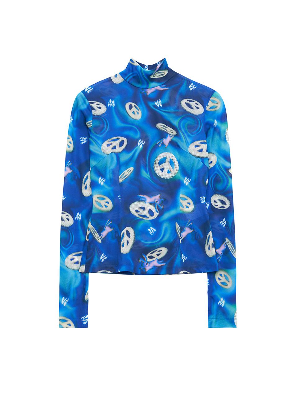Vegan Tiger Print Mesh Mock Neck Top (Blue) M