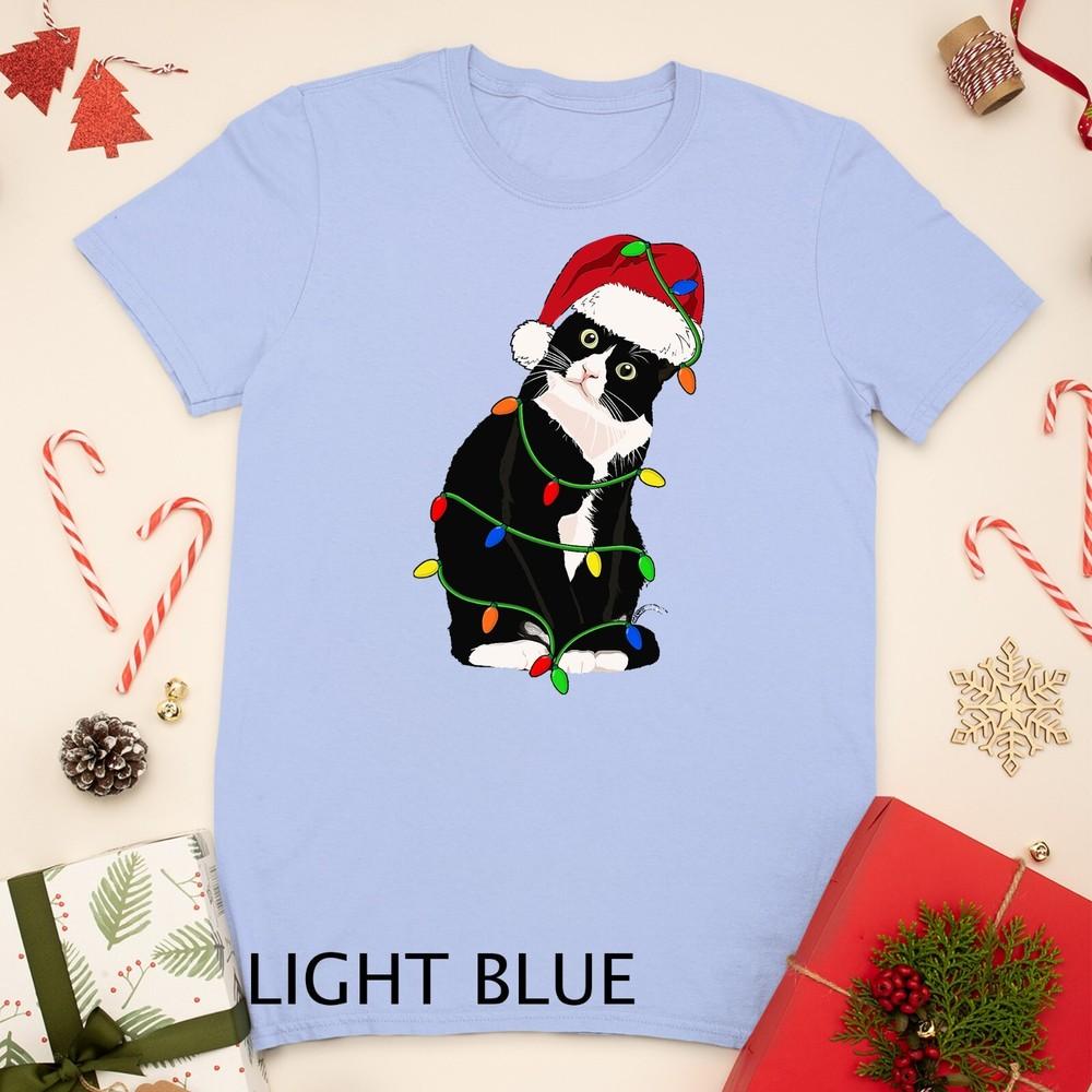 

Tuxedo Cat Meow Santa Tuxie Christmas Tree Lights Cat Catmas Unisex T-shirt XL