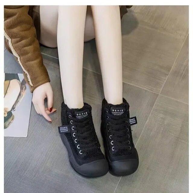 Women's Boots Winter Warm Lamb Wool High-top Vulcanized Shoes Round Toe Soft Sole Fashion Women's Shoes Comfortable Work Shoes