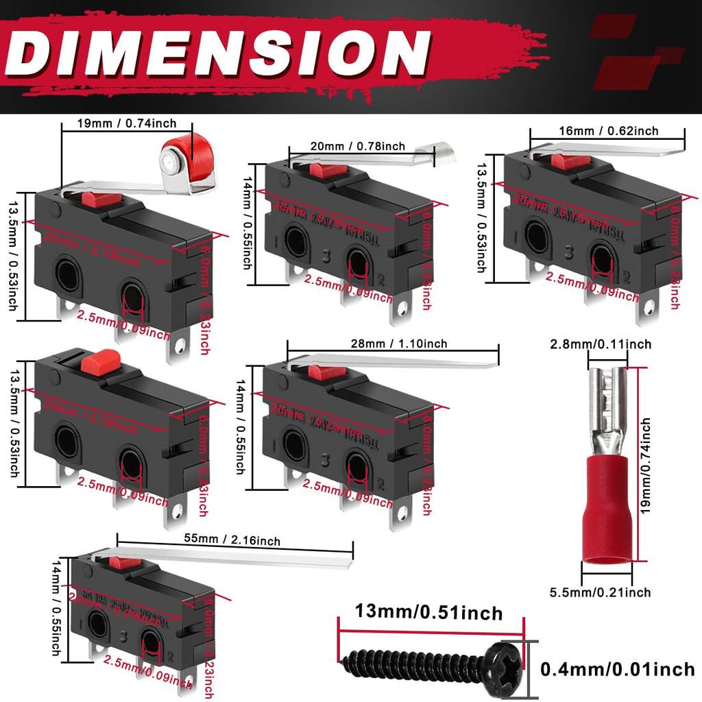 MKBKLLJY 12pcs Mini Micro Limit Switch AC 5A 125V 250V Roller Lever Arm Without