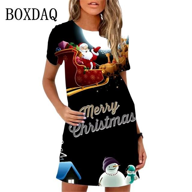 Fashion Christmas Snowman Digital Printed Women's Clothing Kawai Sweet Cartoon Short Sleeve New Summer Casual Dress