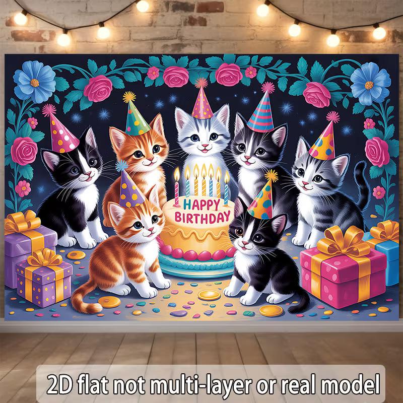 2D Cat Themed Happy Birthday Backdrop for Kids Birthday Party Decoration