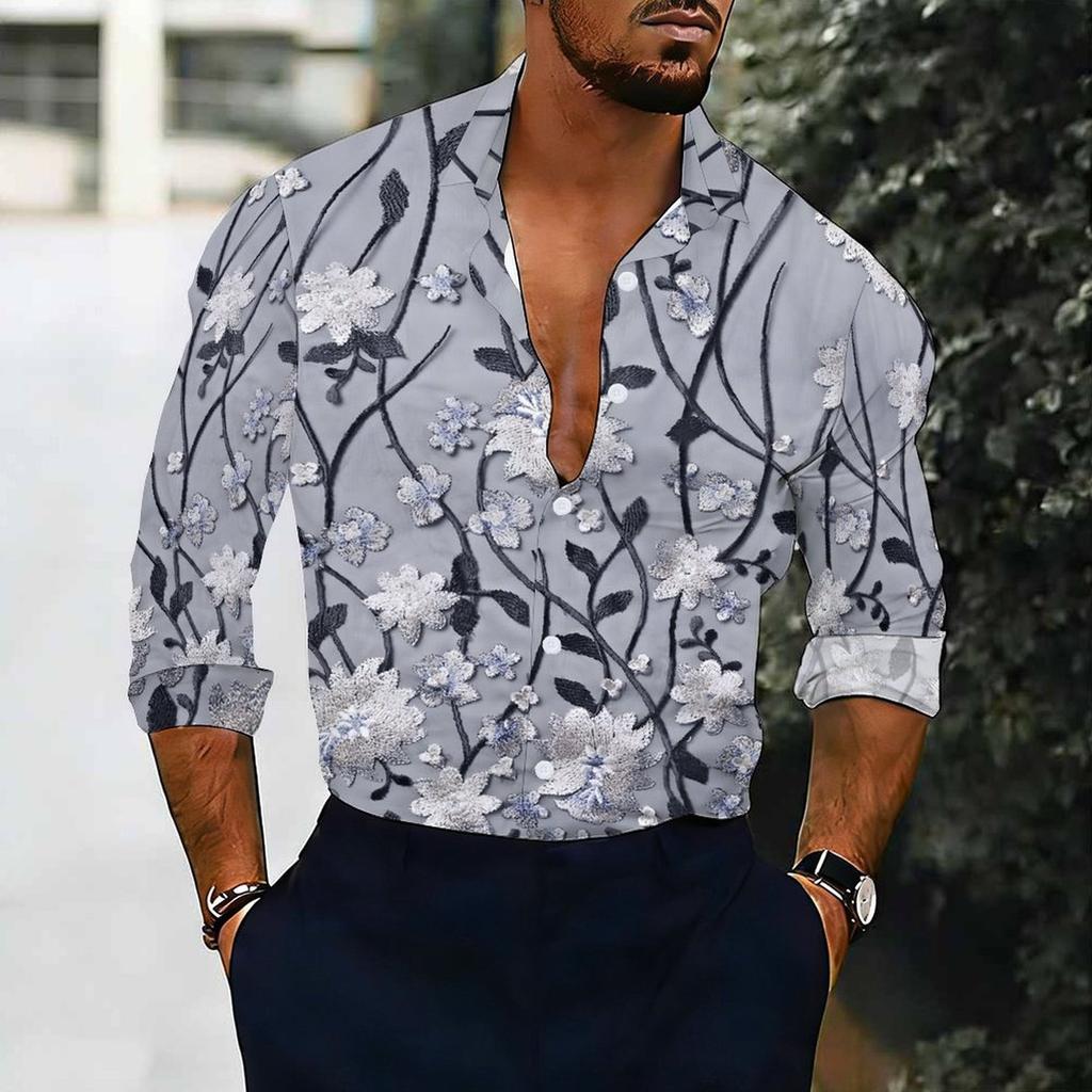 Men Collared Shirt Black Pink Floral White Star Print Long Sleeve Button Down Top