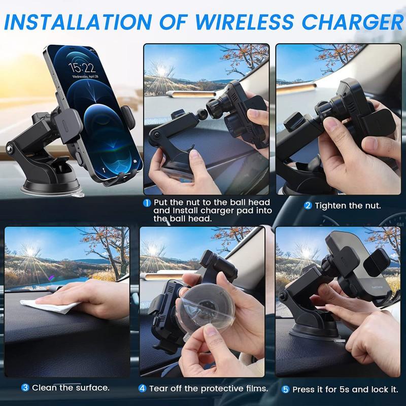 Universal Car Phone Holder With 15W Fast Wireless Charging Dashboard Vent Mount Auto-Sensing Clamp ABSMetal Slim Design