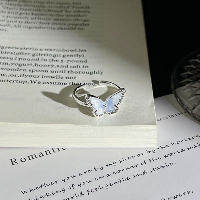 Summer New Glacier‑Blue Gradient Butterfly Flower Light‑Luxury Temperament Open Ring Niche Unique Design Adjustable Index Finger Trend Jewelry